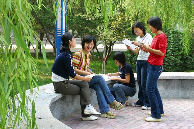 学生课余绿树荫下